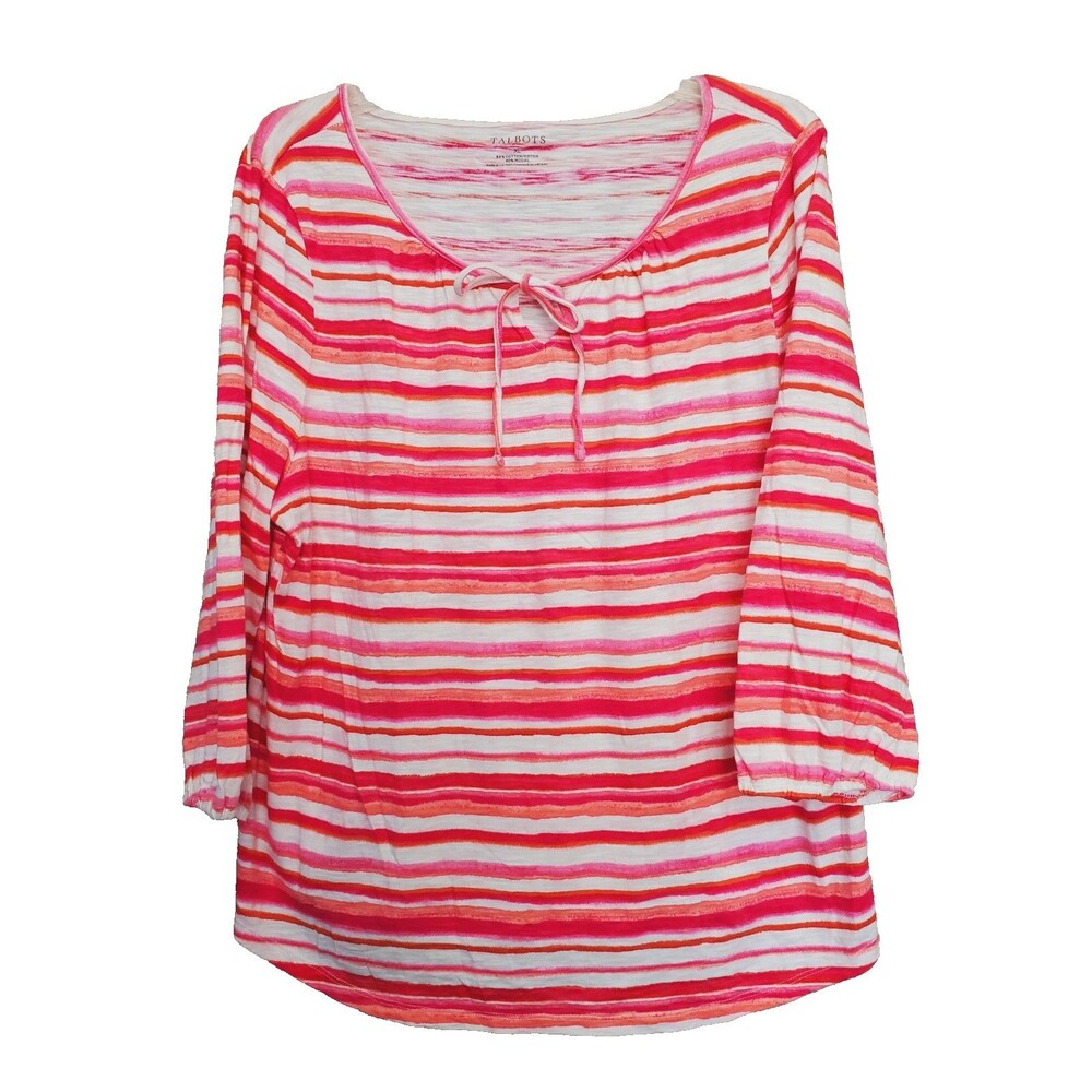 TALBOTS Cotton/Modal Painted Stripes Tie-Neck 3/4 Sleeve Tunic Size XL